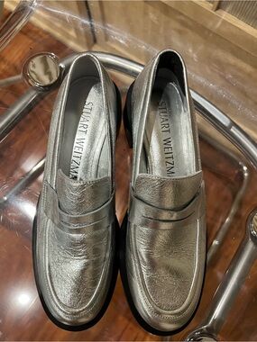 Stuart Weitzman Silver Metallic Penny Loafers